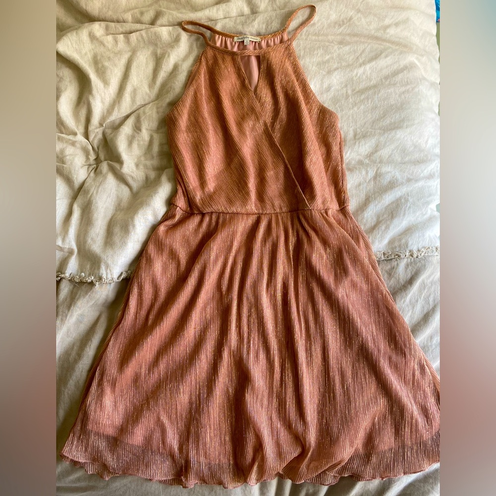 High-neck mini dress in shimmery gold-pink color.